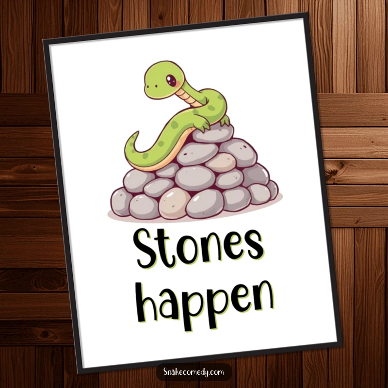 Funny digital art print of a cartoon snake comically slipping on a pile of smooth, round stones, offering a humorous and artistic touch.