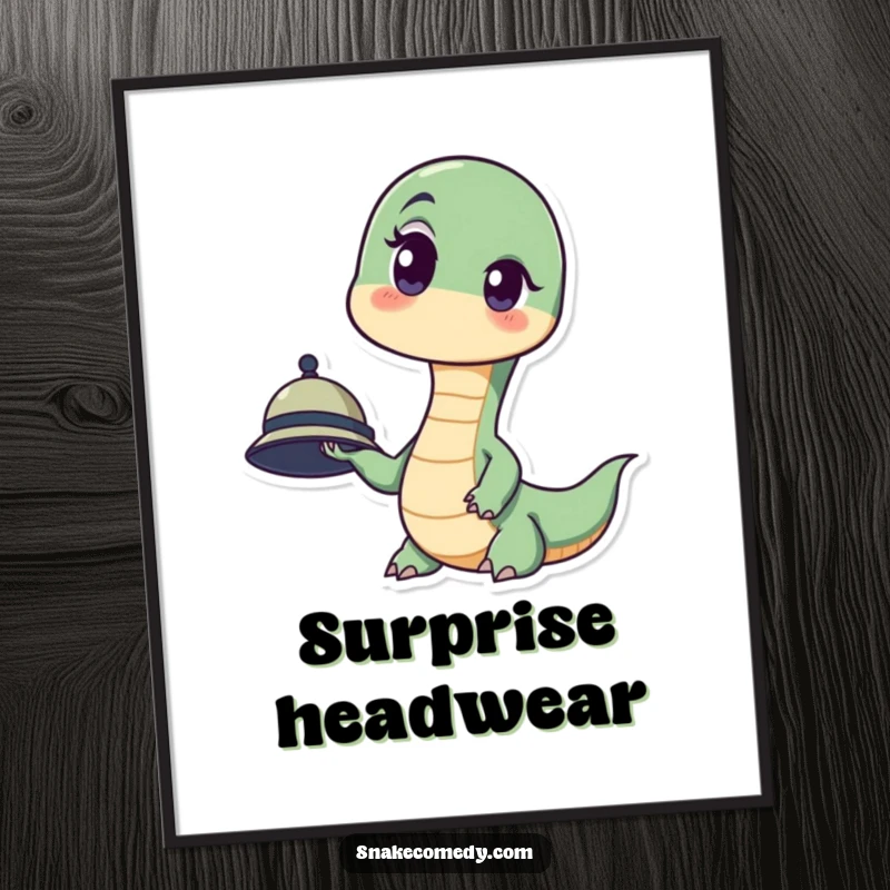Funny digital art print of a snake looking surprised, one eyebrow raised, holding a tiny hat.