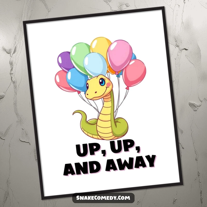 Funny Snake Digital Art Print: A happy snake playfully tangled in colorful balloons, offering instant vibrant wall decor.