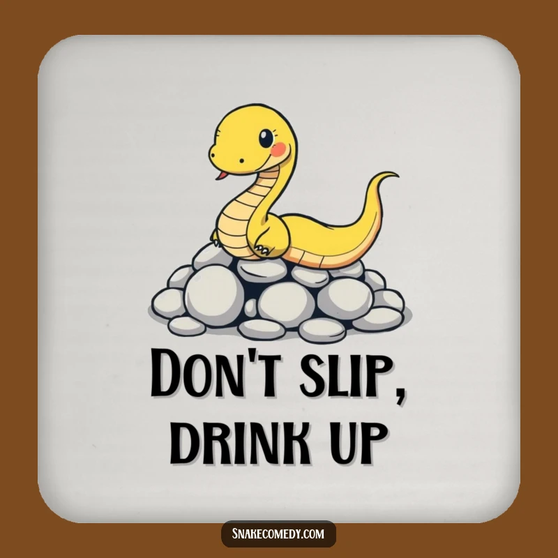 Keep your surfaces safe and add a chuckle with this funny coaster. Features a snake comically slipping on stones.