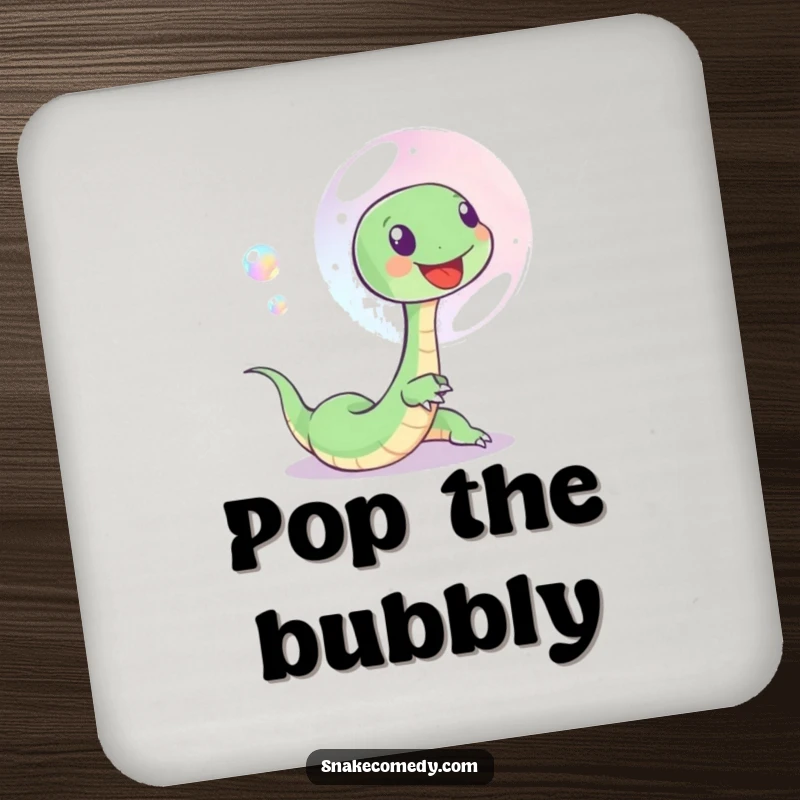 Funny coaster featuring a small, happy snake playfully chasing an iridescent soap bubble, protecting surfaces with charm and humor.
