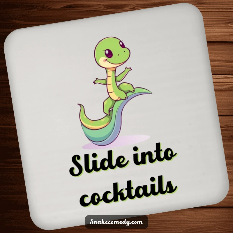 Funny coaster depicting a giddy snake character balancing on a winding slide, offering surface protection with a humorous adventure design.