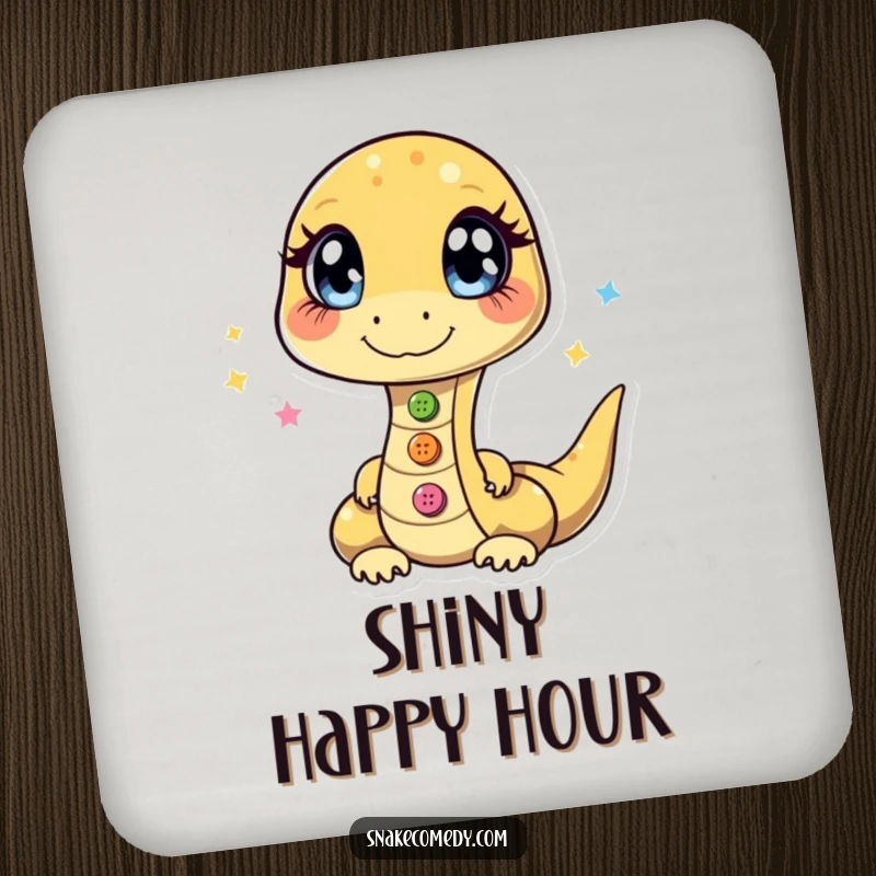 Funny drink coaster showing a snake with sparkling eyes, juggling three shiny buttons to add flair.