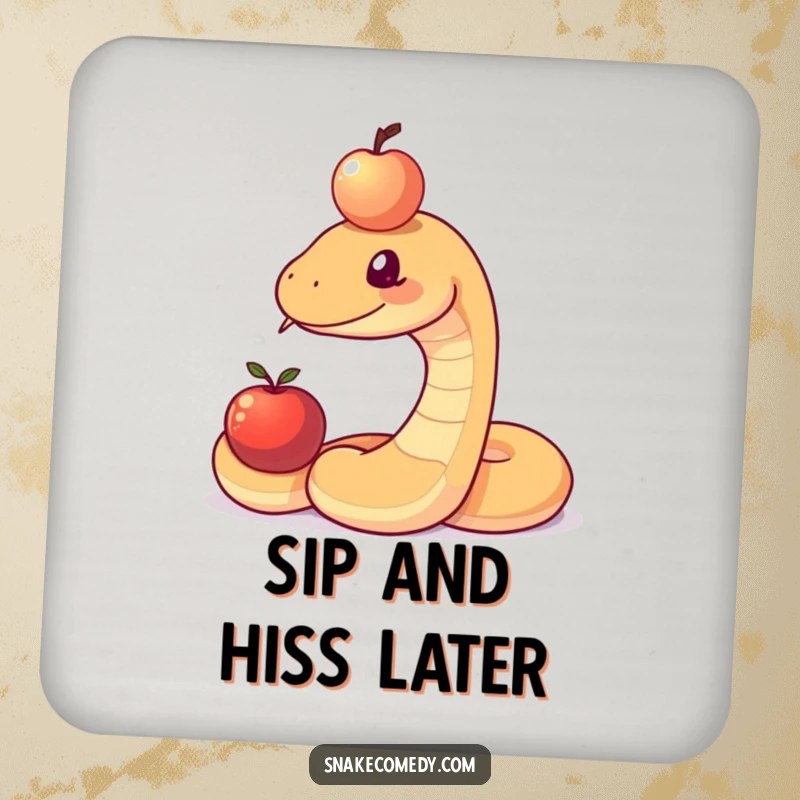 Funny drink coaster featuring a snake intently balancing a small apple on its forehead, protecting surfaces with a humorous design.