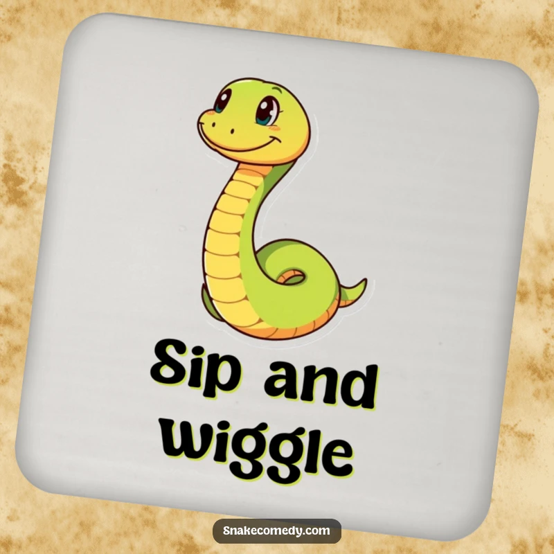 Funny snake illustration with a big grin, playfully coiling, on a drink coaster offering surface protection with a humorous and cheerful design.