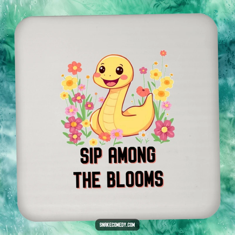 Funny snake character joyfully slithering through colorful flowers on a set of drink coasters, adding vibrant protection.