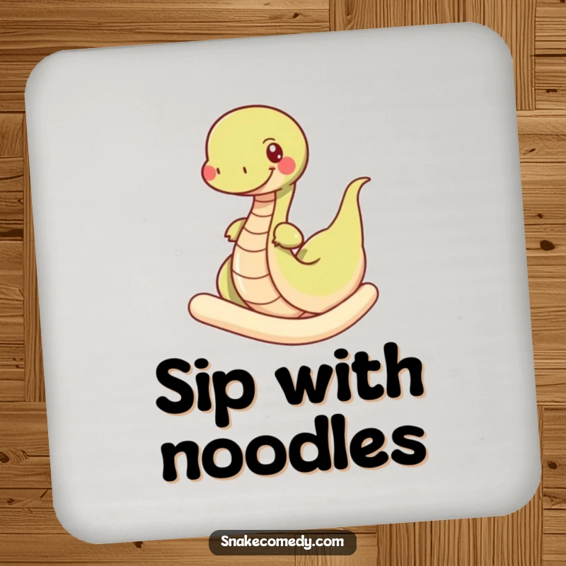 Funny snake coasters, set of four, depicting a happy snake wiggling through a giant noodle, protecting surfaces with humor.