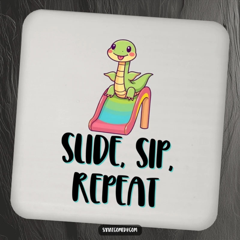 Funny snake sliding down a rainbow, happy cartoon, drink coasters, perfect humorous housewarming gift.