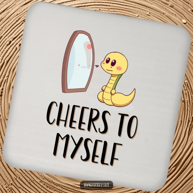 Funny snake chasing reflection, delighted sigh, cartoon drink coasters, perfect humorous housewarming gift.