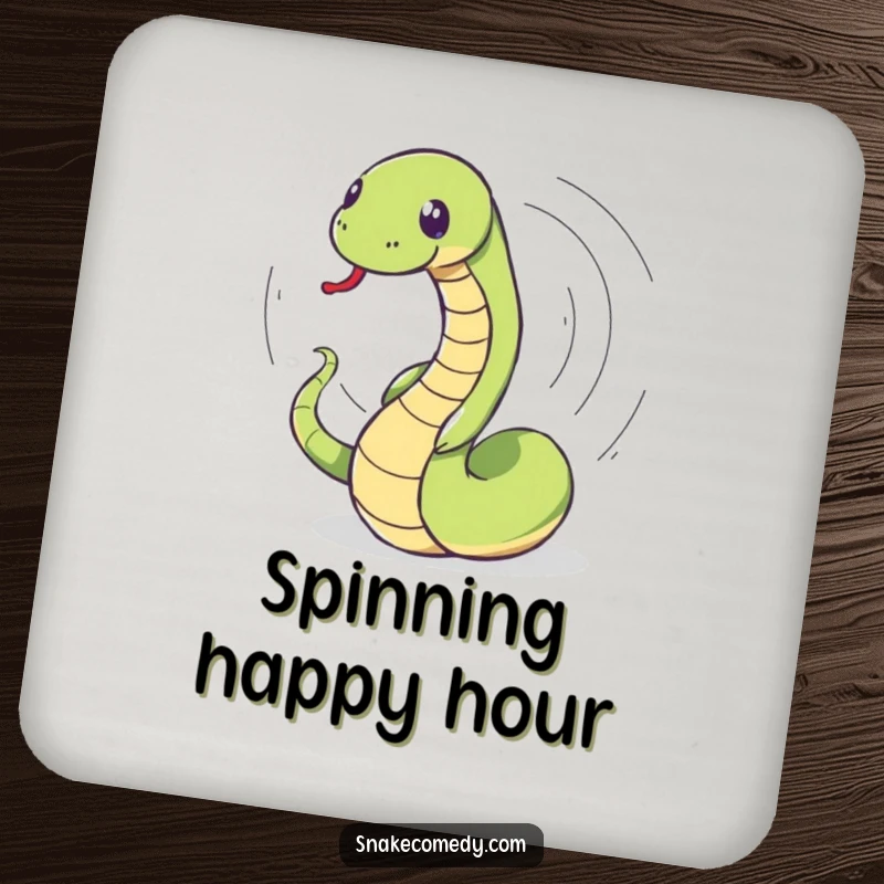 Funny snake coasters showing a snake in a dizzying spin chasing its tail, providing humorous surface protection.