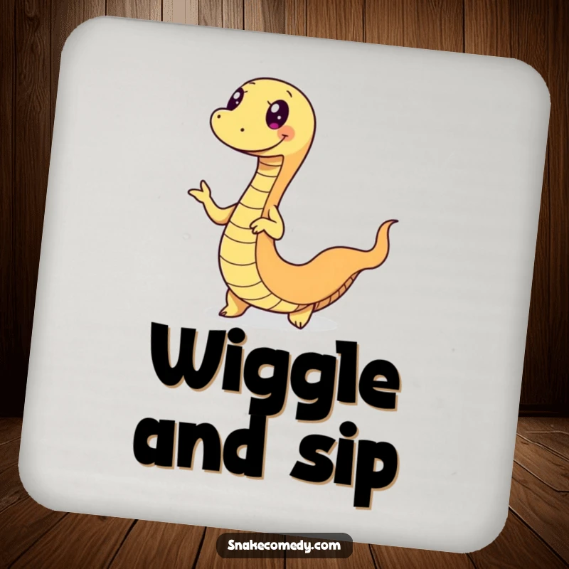 Funny snake coaster set depicting serpents doing fun wiggle dances, their bodies in motion, adding playful protection to furniture.