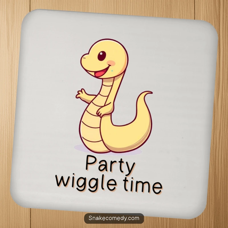 Funny coaster featuring a happy snake in a funny, wobbly dance pose, protecting surfaces with charm and humor.