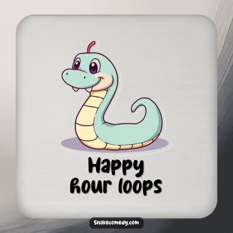 Funny serpentine coaster, playful snake with a wide toothy grin wiggling in a loop, protects surfaces, a funny gift.
