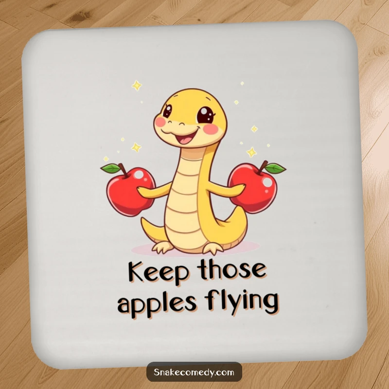 Funny snake juggling apples, gleeful wiggle, cartoon drink coasters, perfect humorous housewarming gift.