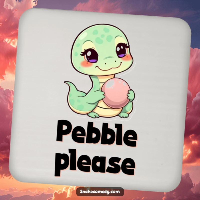 Funny drink coaster with a mischievous winking snake character offering a shiny pebble, adding a humorous touch to tables.