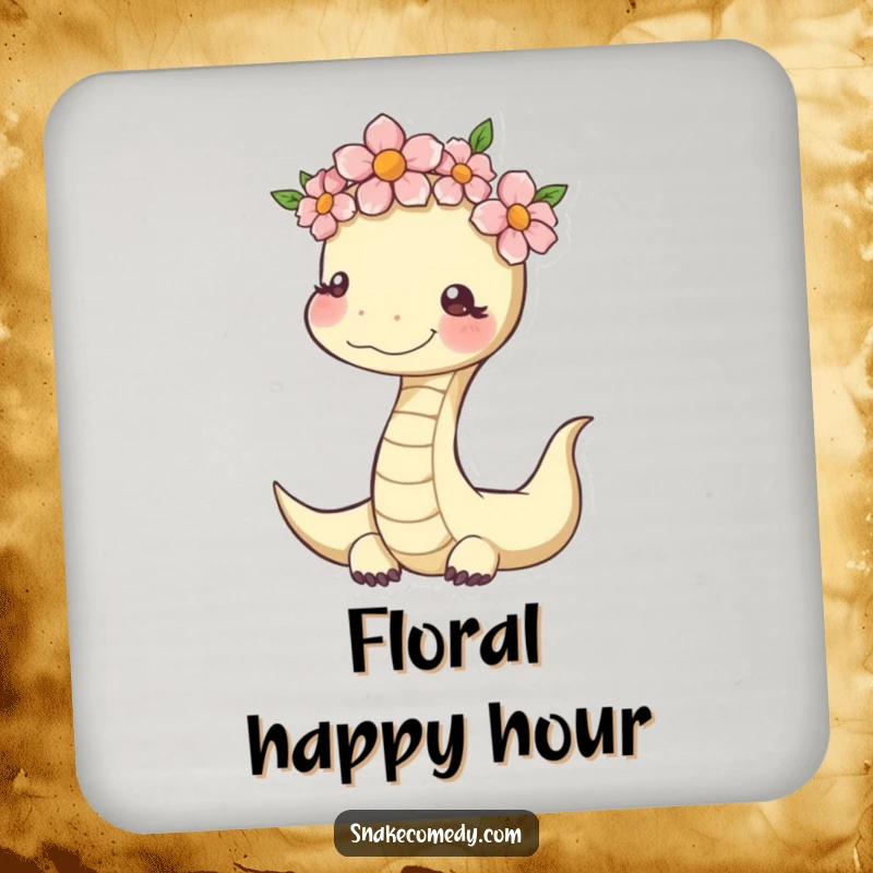 Funny Serene Snake Coasters: serpent with a flower crown, protecting surfaces with peaceful charm.