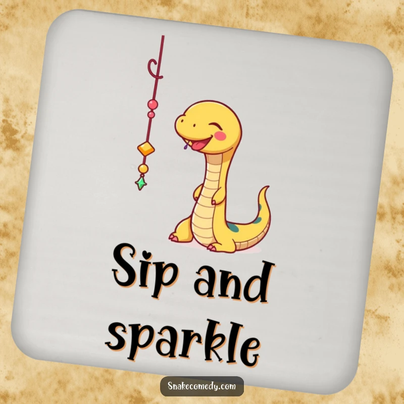 Funny Snake Coaster: A happy snake playfully batting at a sparkly dangling charm, adding playful humor to any tabletop.