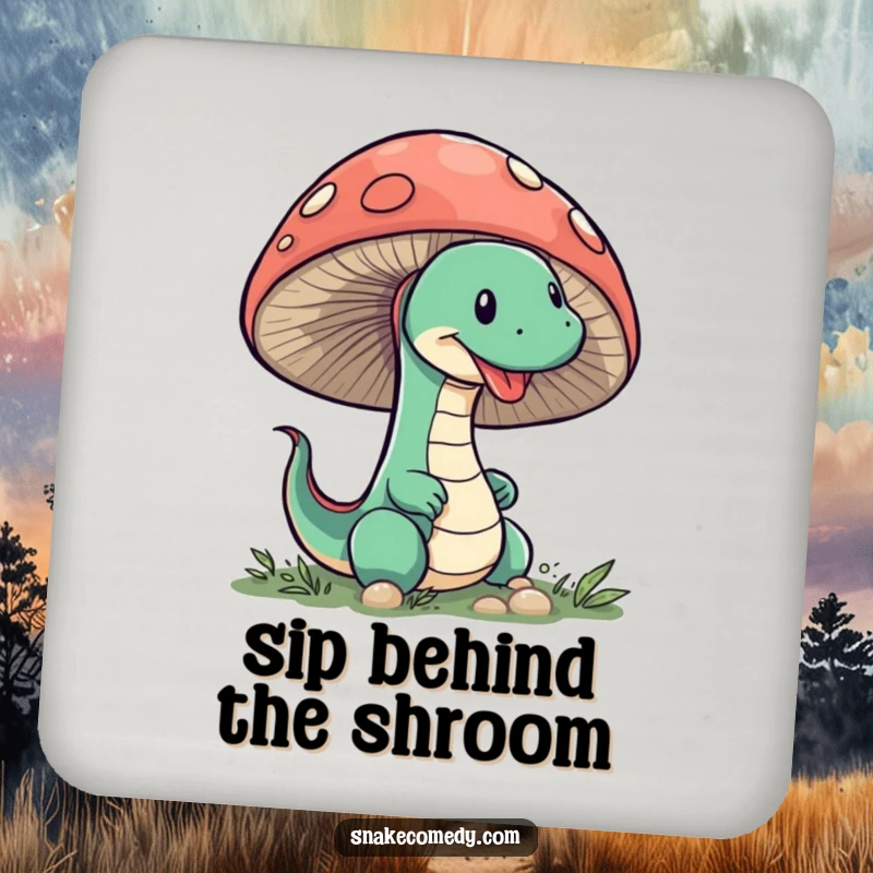 Funny Snake Mushroom Coaster: A sneaky snake humorously peeks from behind a large mushroom, protecting surfaces with charm.