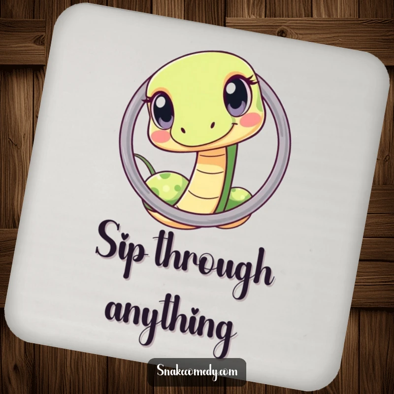Funny kawaii snake hoop coaster, showing a curious snake squeezing through a hoop, adding a playful accent to tabletops.