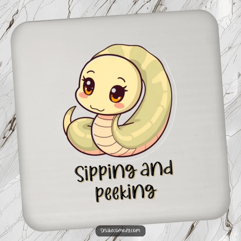 Funny snake coaster, curious snake with circular eyes peeking from a coil, protects surfaces, a funny gift.