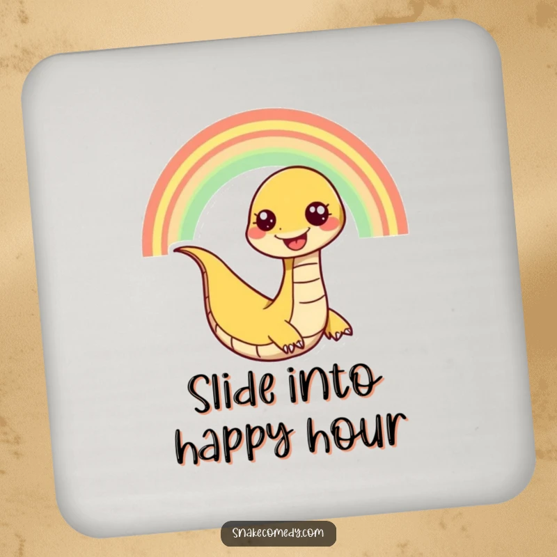 Funny snake coaster showing a happy snake character playfully slithering down a rainbow, adding a touch of vibrant humor.