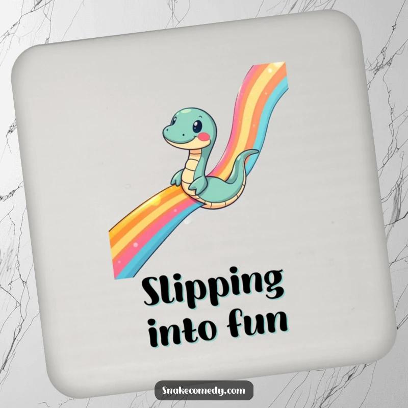 Funny snake coasters, set of four, depicting a snake comically sliding down a rainbow ribbon, protecting surfaces with art.