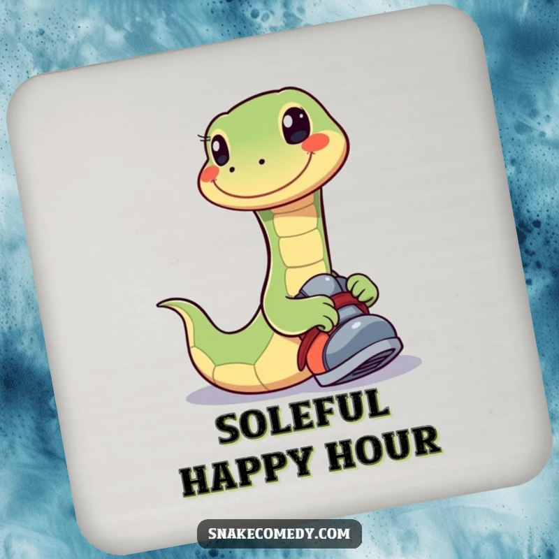 Funny drink coaster featuring a happy snake with a wide smile playfully trying on a shoe, protecting tables with joy.