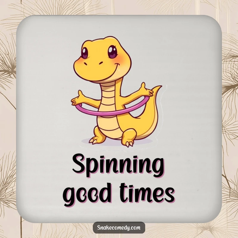 Funny drink coaster showing a snake with a silly grin, energetically hula hooping to protect your table.