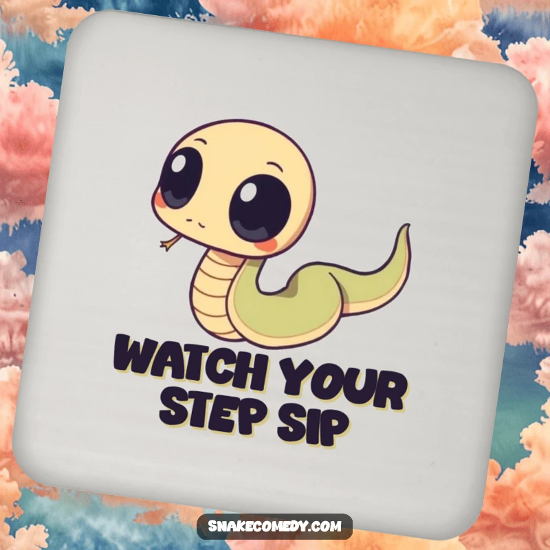 Funny snake illustration with large eyes humorously tripping over its tail on a drink coaster, offering surface protection with comic relief.