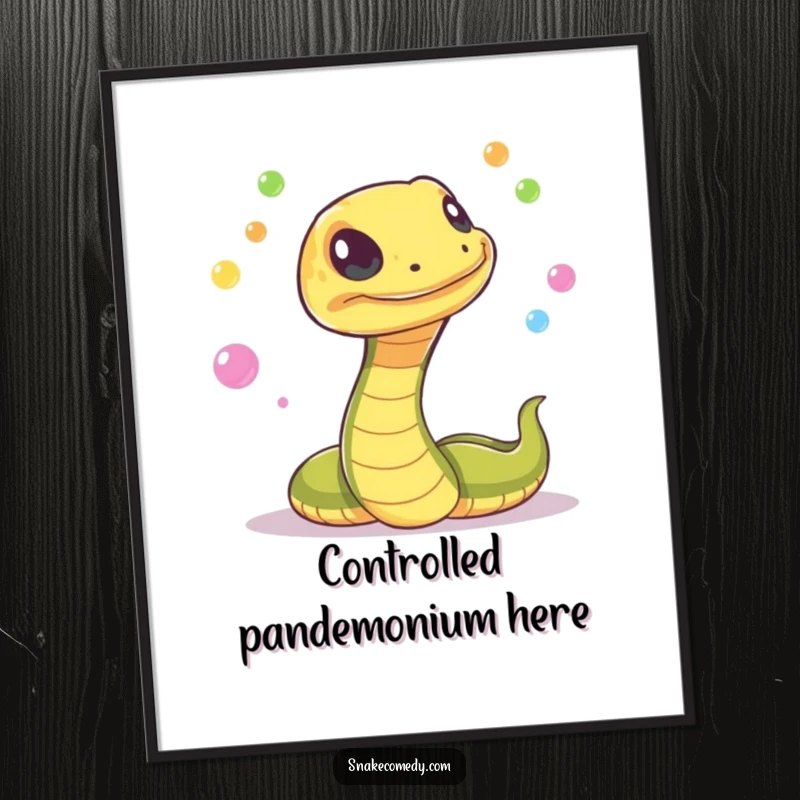 Funny snake with a mischievous flicker, juggling colorful, glowing orbs on a poster, creating a mesmerizing and magical piece of wall art.