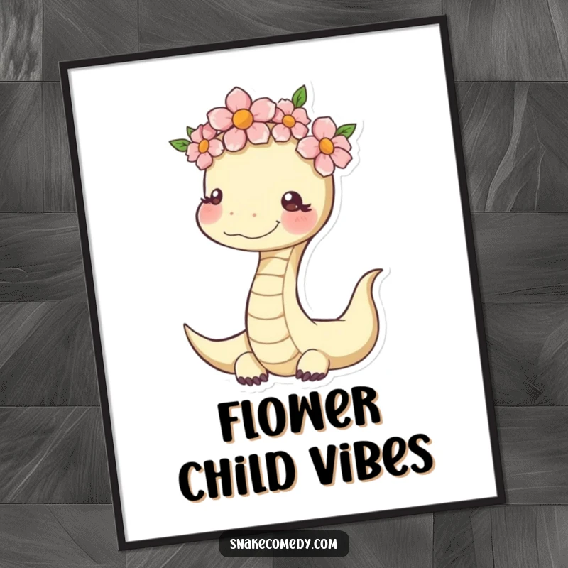Funny Serene Snake Poster: serpent wearing a flower crown, conveying peace and cheerfulness, artistic decor.