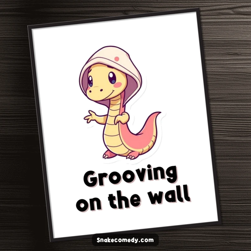 Funny snake poster depicting a wiggly snake character engaged in a silly dance, its cheerful hood completing the humorous, energetic pose.