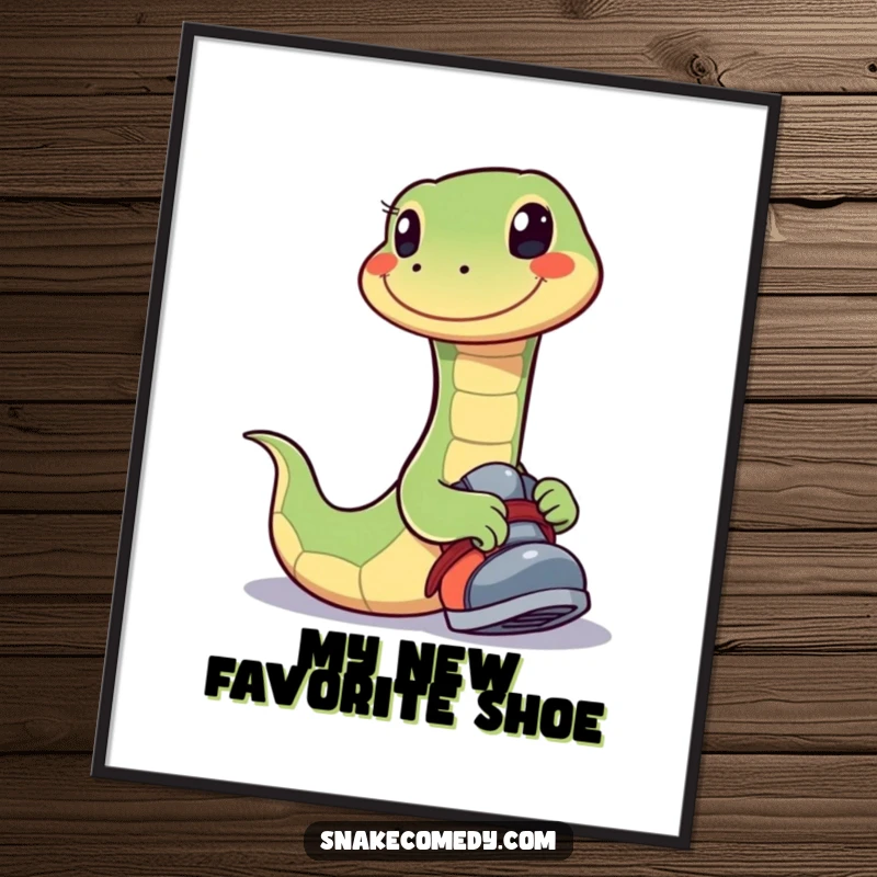 Funny poster art of a snake with a wide, happy smile playfully trying on a shoe, capturing a moment of pure fun.