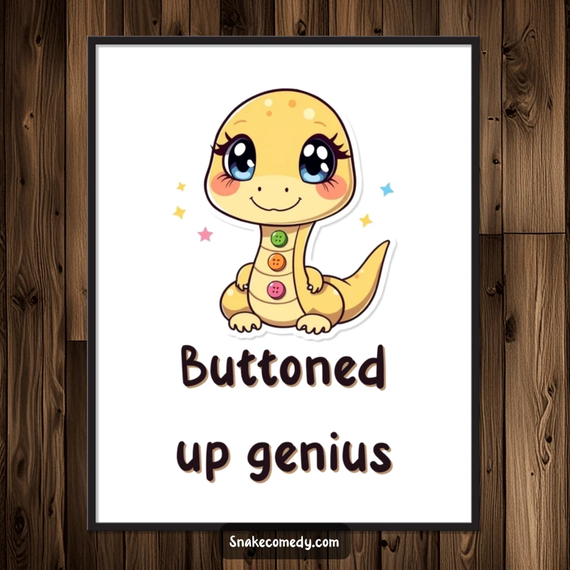 Funny poster of a snake with intensely sparkling eyes, performing a skillful juggling act with three shiny buttons.