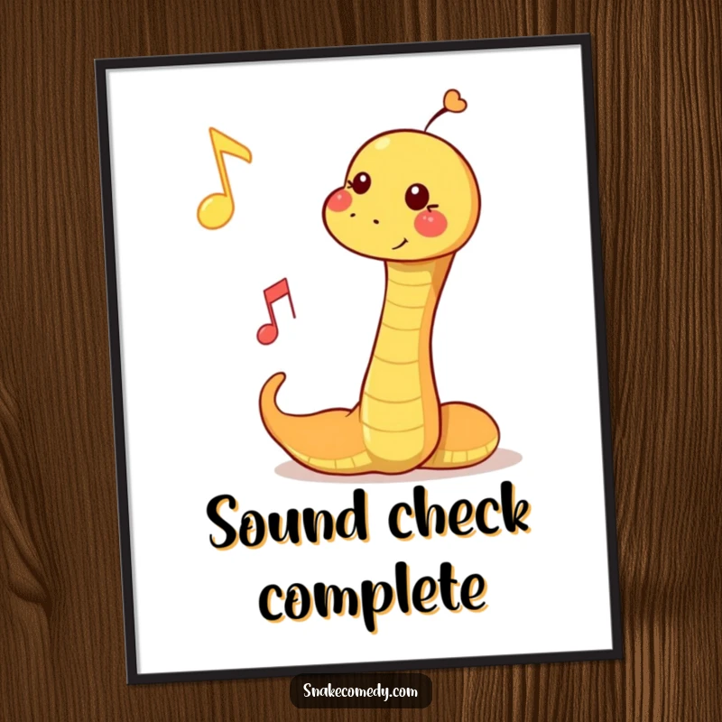 Funny poster art of a snake playfully bopping a floating musical note, celebrating the joy of music and movement.