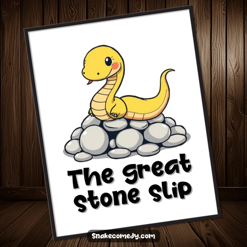 Funny snake poster art of a cartoon snake comically slipping on smooth round stones, adding a humorous visual gag.