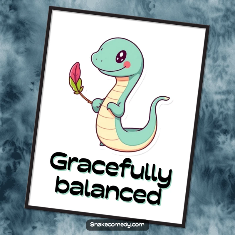 Funny slithering poster, happy character swaying while balancing a colorful feather, whimsical wall art, a funny gift.