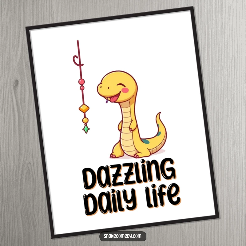 Funny Snake Poster: A smiling snake is playfully batting at a dangling, sparkly charm, creating a joyful and glamorous scene.