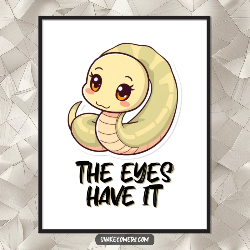 Funny snake poster, curious snake with circular eyes peeking from a coil, whimsical wall art, a funny gift.