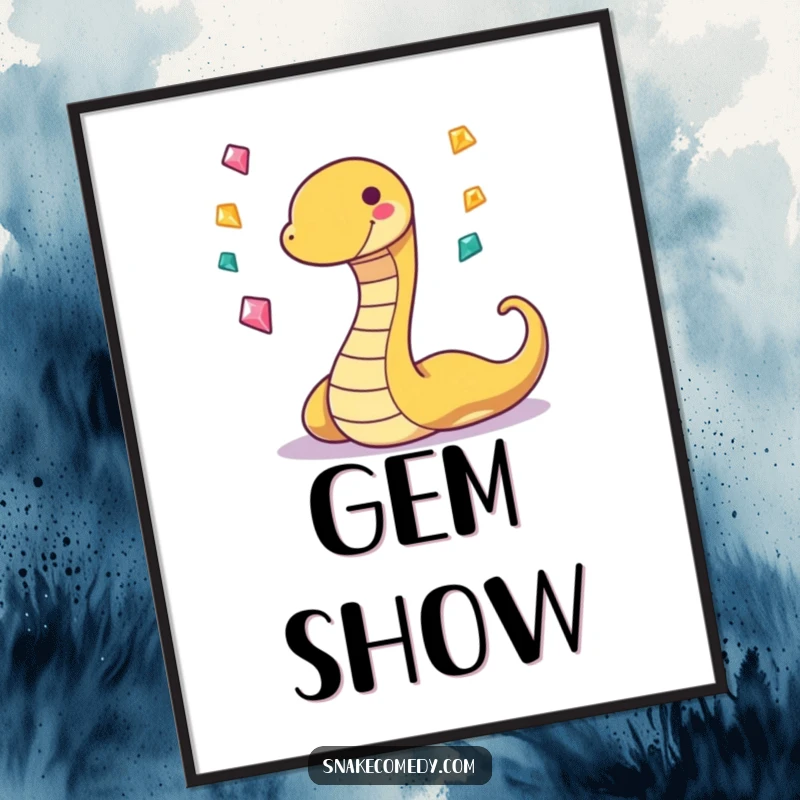 Funny poster art of a grinning, wiggling snake character juggling three tiny, sparkling gems, capturing energetic playfulness.