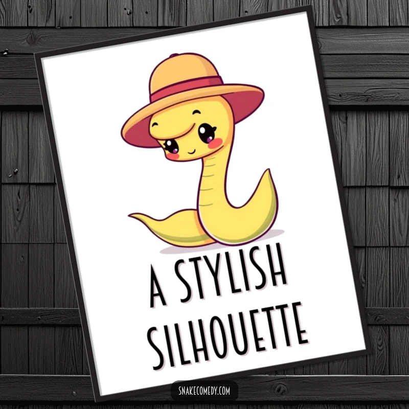 Funny snake character happily balancing a small round hat, an elegant and charming poster for sophisticated art lovers.