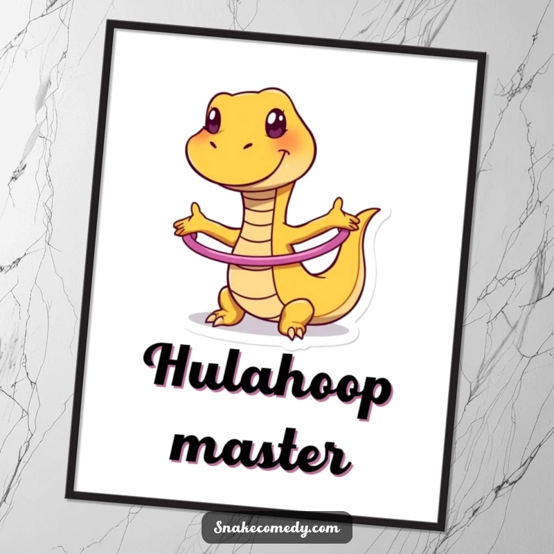 Funny poster of a snake with a wide, silly grin, performing a dynamic and humorous hula hoop dance.