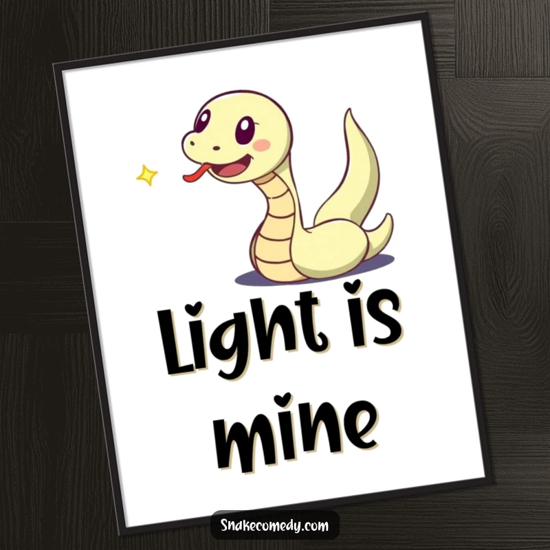 Funny poster art of an excited snake character, tongue flicking, in pursuit of a small, luminous dancing speck of light.