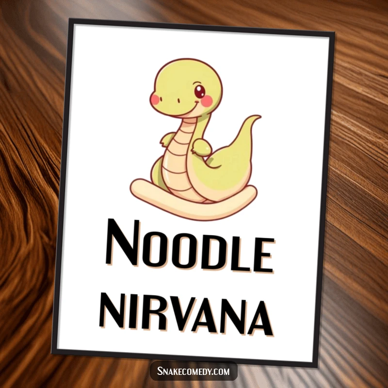 Funny snake poster, whimsical illustration of a happy snake wiggling through a giant noodle, playful wall art for any room.