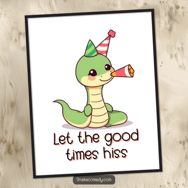 Funny snake wearing a party hat, blowing a cheerful party horn on a poster, adding whimsical charm to any room's decor.