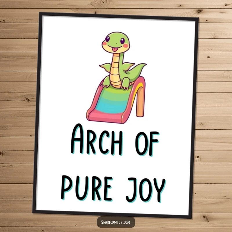 Funny snake sliding down a rainbow slide, happy cartoon illustration, vibrant wall art, perfect humorous gift for decor.