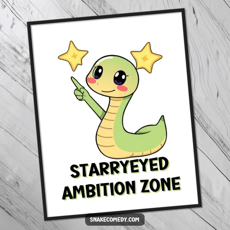 Funny snake excitedly pointing its head towards a twinkling star on a poster, creating a piece of art symbolizing aspiration.