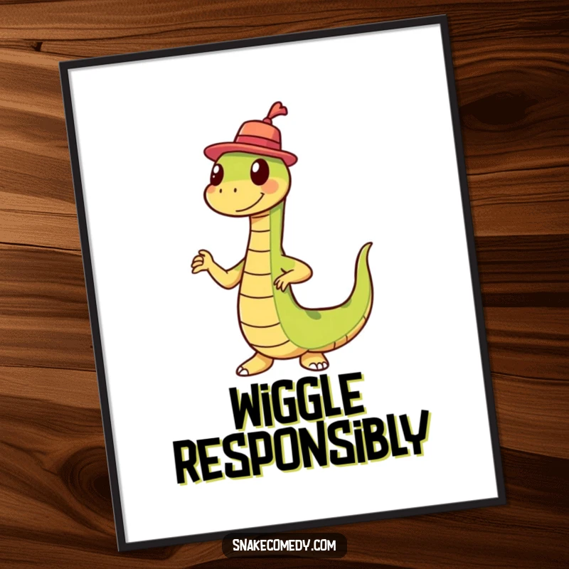 Funny snake with a small hat energetically doing a wiggle dance, printed as humorous wall art for decoration.