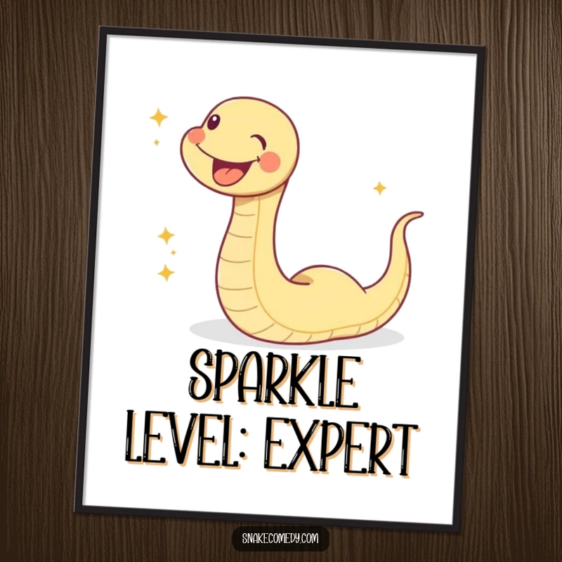 Funny sparkle snake poster, a vibrant illustration of a happy snake slithering with a magical trail of glitter, whimsical decor.