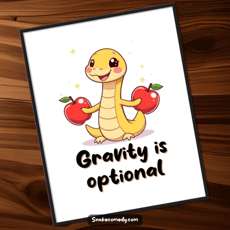 Funny snake juggling three sparkly apples, gleeful wiggle, cartoon wall art, perfect humorous gift for decor.